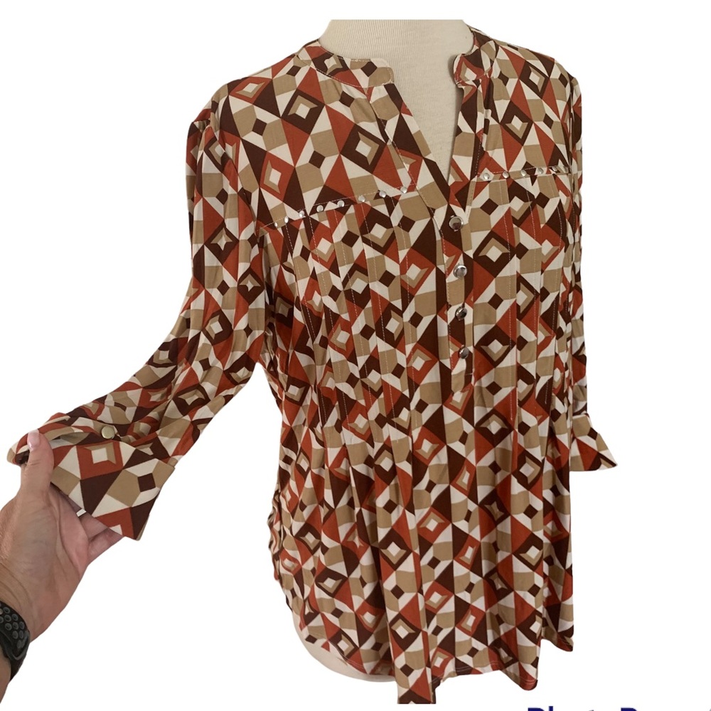 COCOMO Medium Brown Orange White 3/4 sleeve women's Pintuck Blouse top shirt - Picture 3 of 16